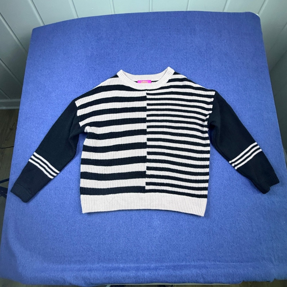 Catherine Malandrino Women L Striped Knit Sweater Black Asymmetrical Ribbed